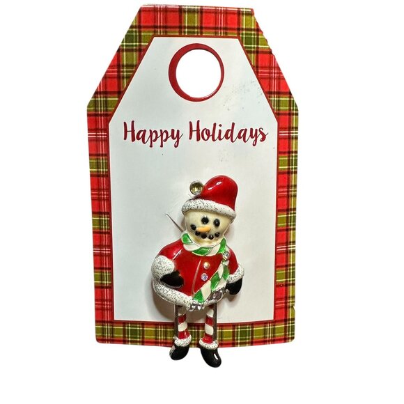 Vintage Inspired Happy Holidays Santa Snowman Brooch Pin Rhinestone Scarf - Picture 2 of 8